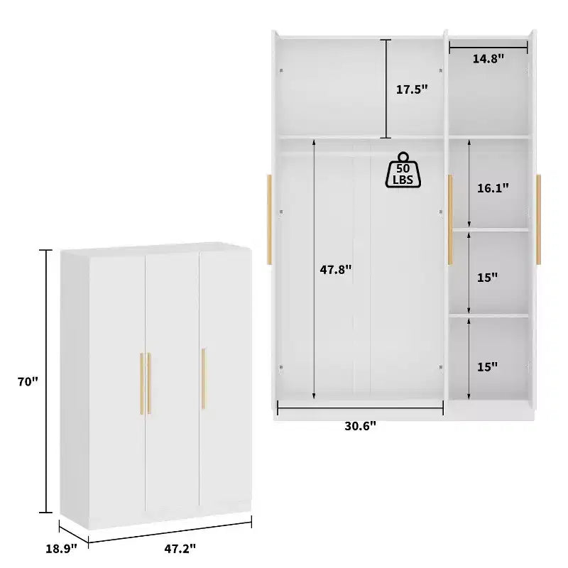 Armadio Minimalista Bianco 3 Ante da 178 cm con Asta Appendini, Ripiani Multi-Strato e Ante con Chiusura Ammortizzata