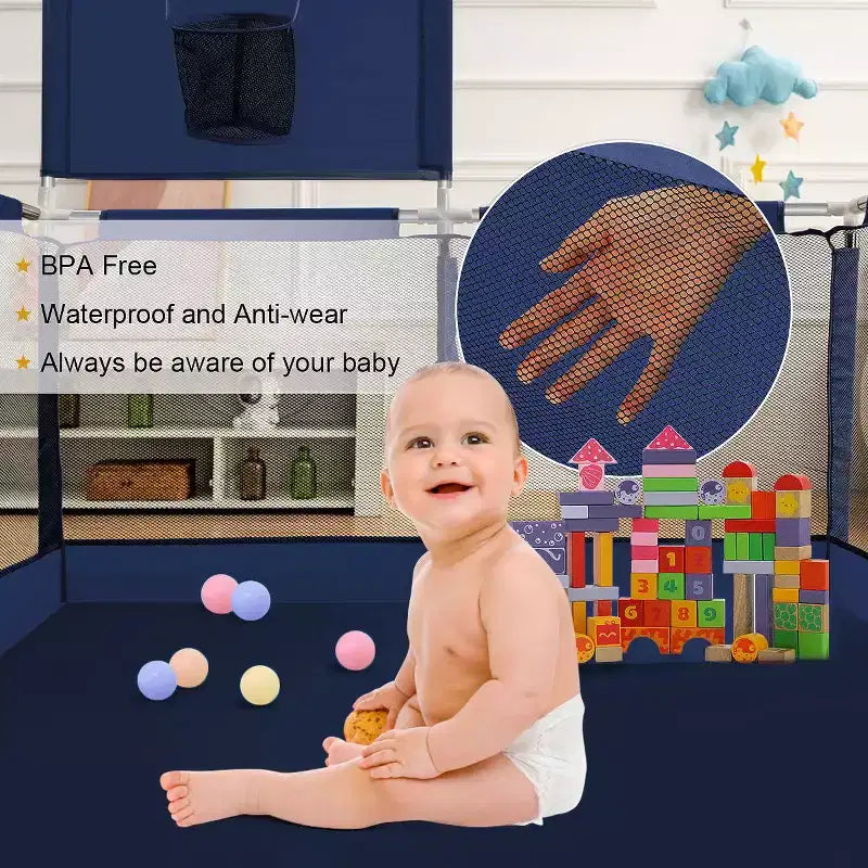 Box recinzione portatile per bambini da 127x127 cm con canestro da basket, pieghevole, per interni ed esterni