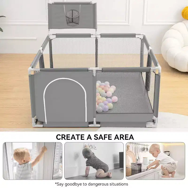 Box recinzione portatile per bambini da 127x127 cm con canestro da basket, pieghevole, per interni ed esterni
