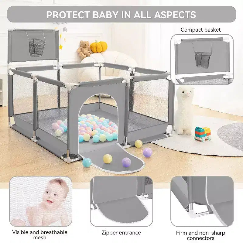 Box recinzione portatile per bambini da 127x127 cm con canestro da basket, pieghevole, per interni ed esterni