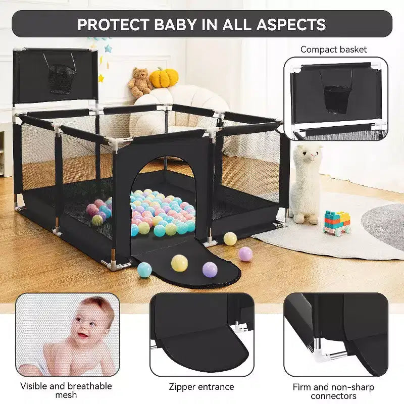 50"x50" 4-Panel Portable Baby Playpen with Basketball Hoop, Foldable, Indoor & Outdoor