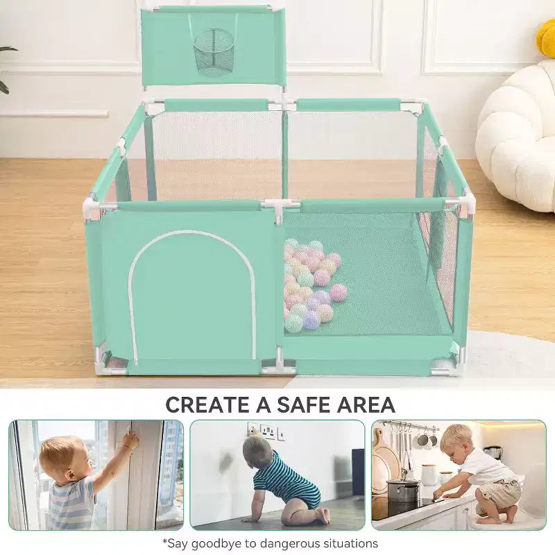 Box recinzione portatile per bambini da 127x127 cm con canestro da basket, pieghevole, per interni ed esterni