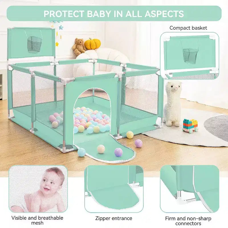 Box recinzione portatile per bambini da 127x127 cm con canestro da basket, pieghevole, per interni ed esterni