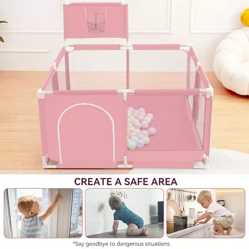 Box recinzione portatile per bambini da 127x127 cm con canestro da basket, pieghevole, per interni ed esterni