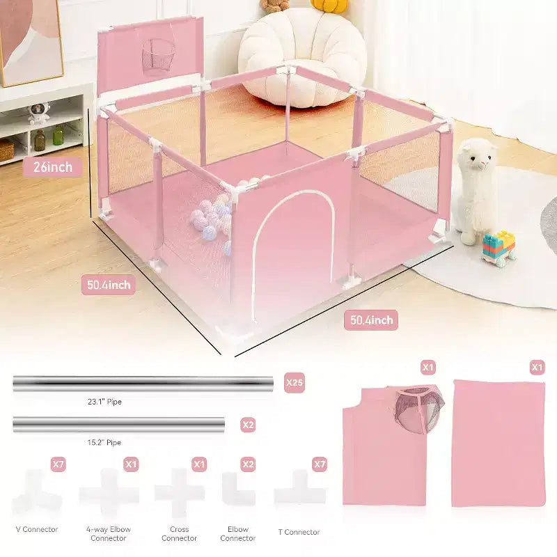 Box recinzione portatile per bambini da 127x127 cm con canestro da basket, pieghevole, per interni ed esterni