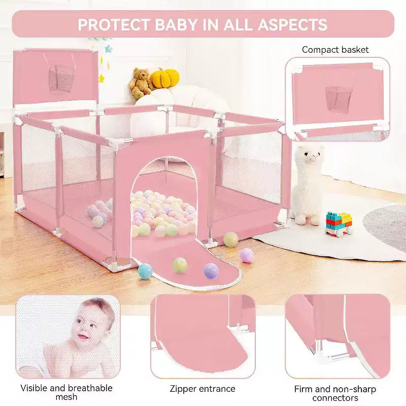 Box recinzione portatile per bambini da 127x127 cm con canestro da basket, pieghevole, per interni ed esterni
