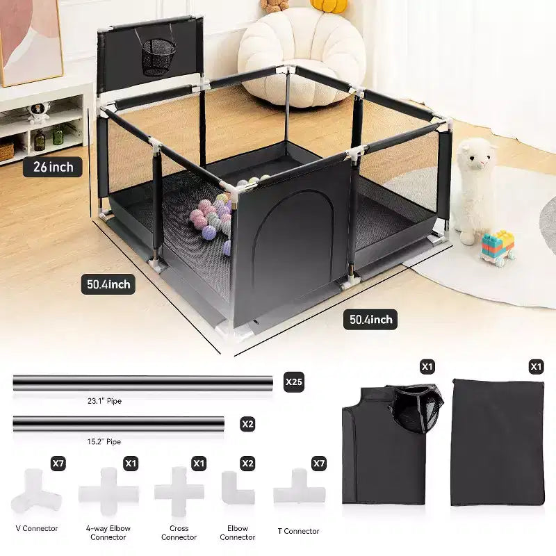 50"x50" 4-Panel Portable Baby Playpen with Basketball Hoop, Foldable, Indoor & Outdoor