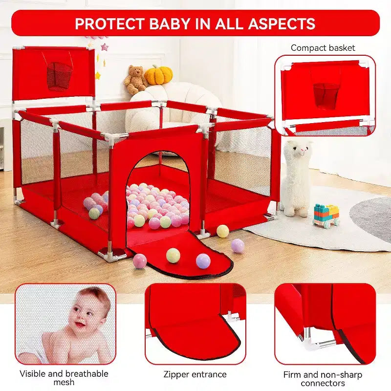Box recinzione portatile per bambini da 127x127 cm con canestro da basket, pieghevole, per interni ed esterni