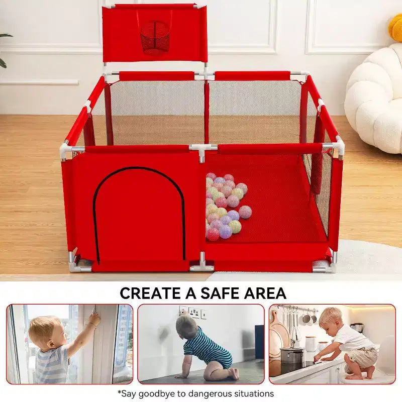Box recinzione portatile per bambini da 127x127 cm con canestro da basket, pieghevole, per interni ed esterni