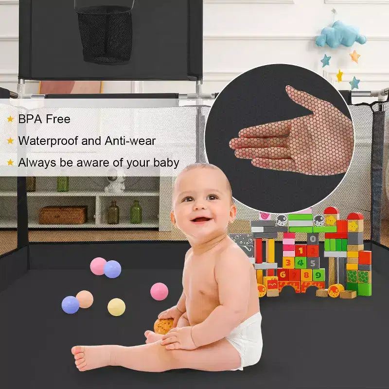 50"x50" 4-Panel Portable Baby Playpen with Basketball Hoop, Foldable, Indoor & Outdoor