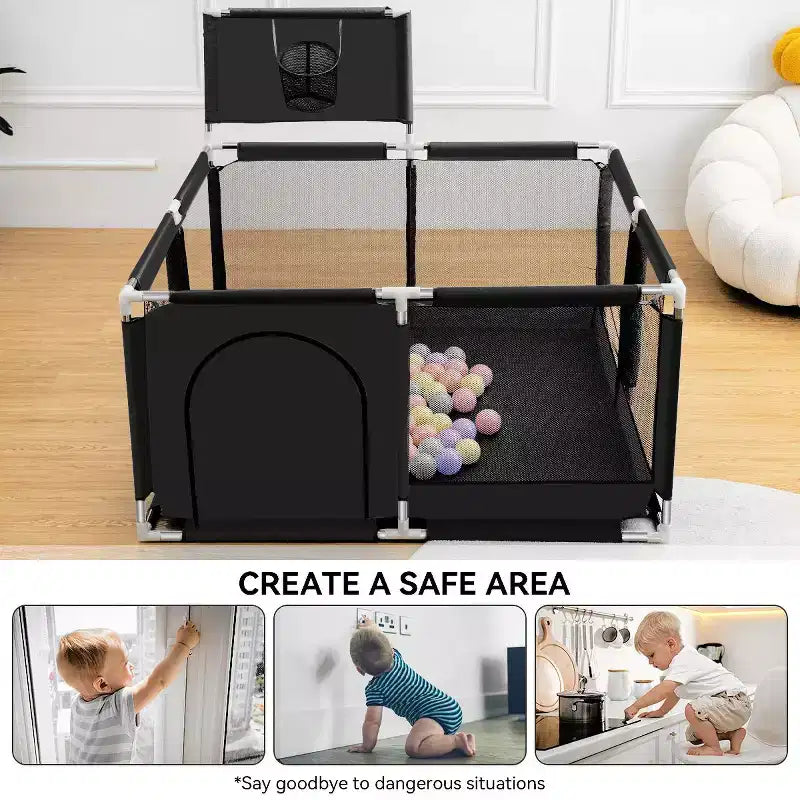 50"x50" 4-Panel Portable Baby Playpen with Basketball Hoop, Foldable, Indoor & Outdoor