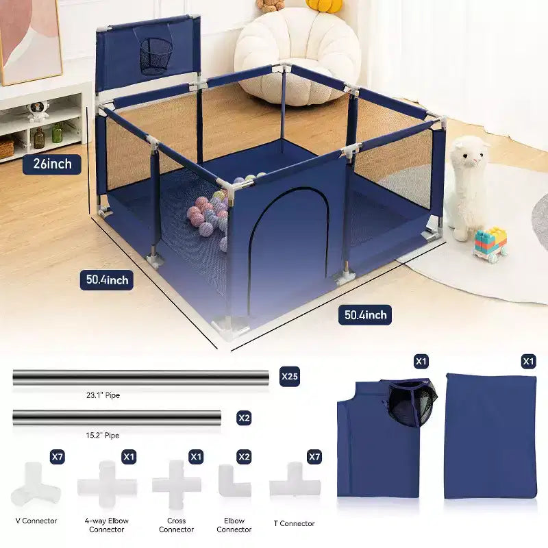 Box recinzione portatile per bambini da 127x127 cm con canestro da basket, pieghevole, per interni ed esterni