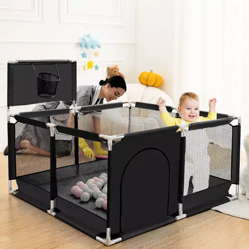 50"x50" 4-Panel Portable Baby Playpen with Basketball Hoop, Foldable, Indoor & Outdoor
