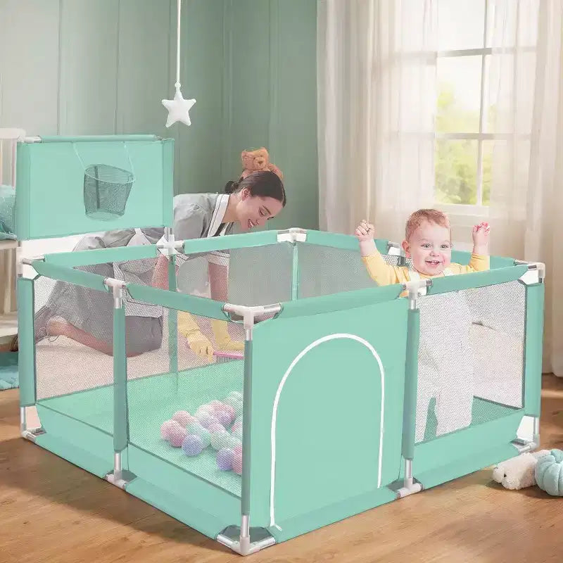 50"x50" 4-Panel Portable Baby Playpen with Basketball Hoop, Foldable, Indoor & Outdoor