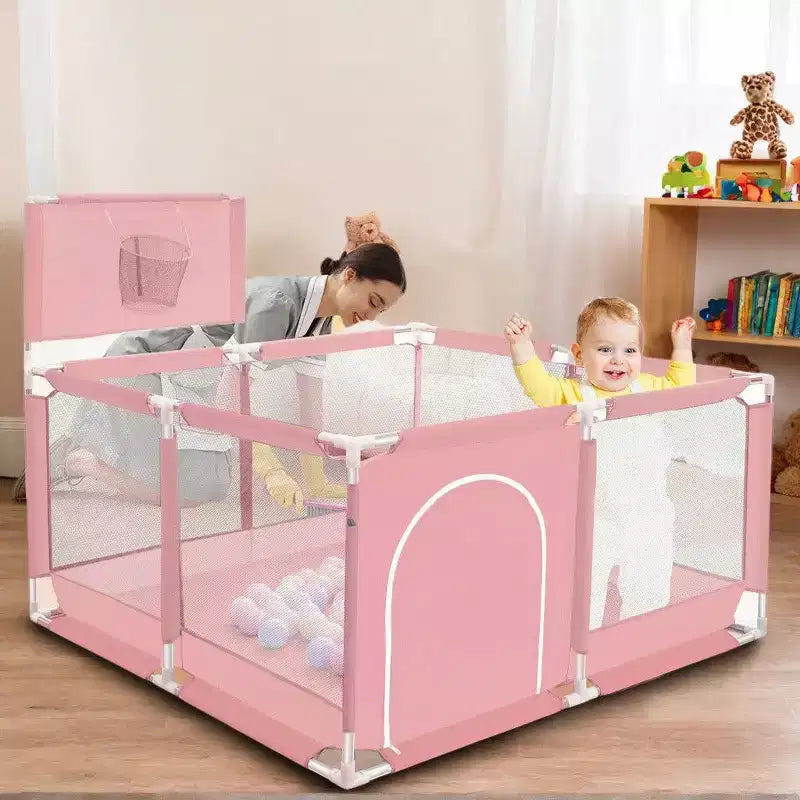 50"x50" 4-Panel Portable Baby Playpen with Basketball Hoop, Foldable, Indoor & Outdoor