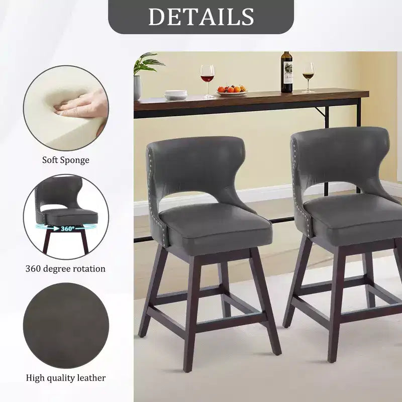 Set di 2 sgabelli da bancone imbottiti girevoli con borchie decorative, struttura in legno massello, capacità 113 kg