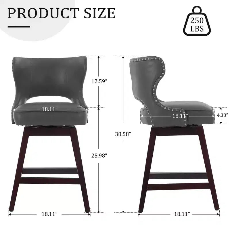 Set di 2 sgabelli da bancone imbottiti girevoli con borchie decorative, struttura in legno massello, capacità 113 kg