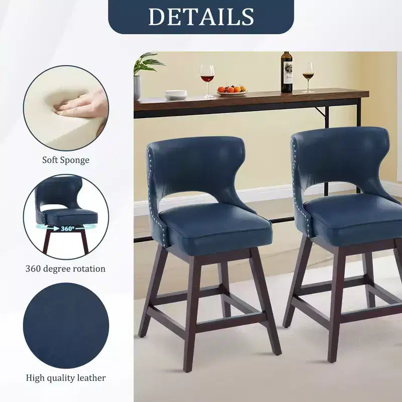 Set di 2 sgabelli da bancone imbottiti girevoli con borchie decorative, struttura in legno massello, capacità 113 kg