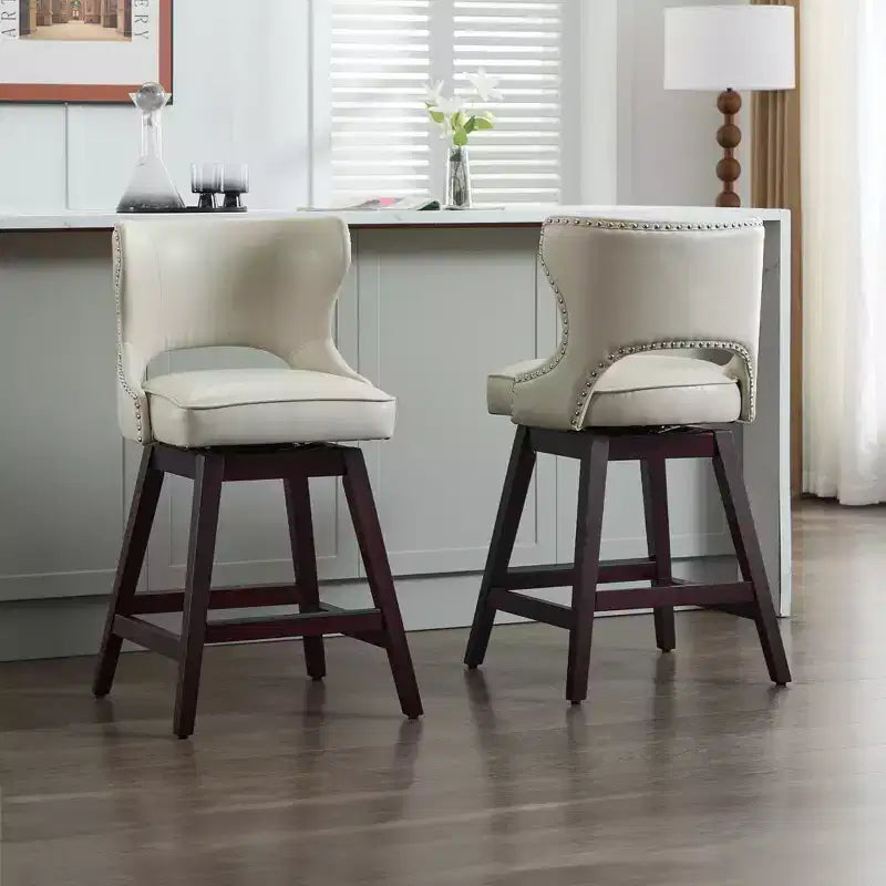 Set of 2 Swivel Nailhead Upholstered Counter Bar Stools with Solid Wood Frame, 250 LB Capacity