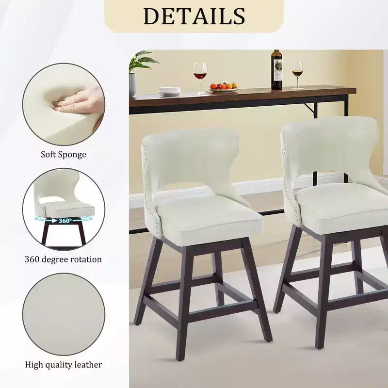 Set di 2 sgabelli da bancone imbottiti girevoli con borchie decorative, struttura in legno massello, capacità 113 kg