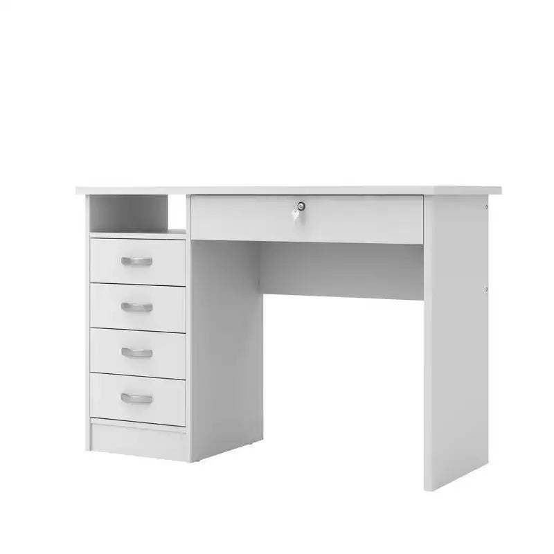 43" Desk with 5 Drawers, Lockable Large Drawer & Open Shelf, Stain-Resistant Foil Finish, White