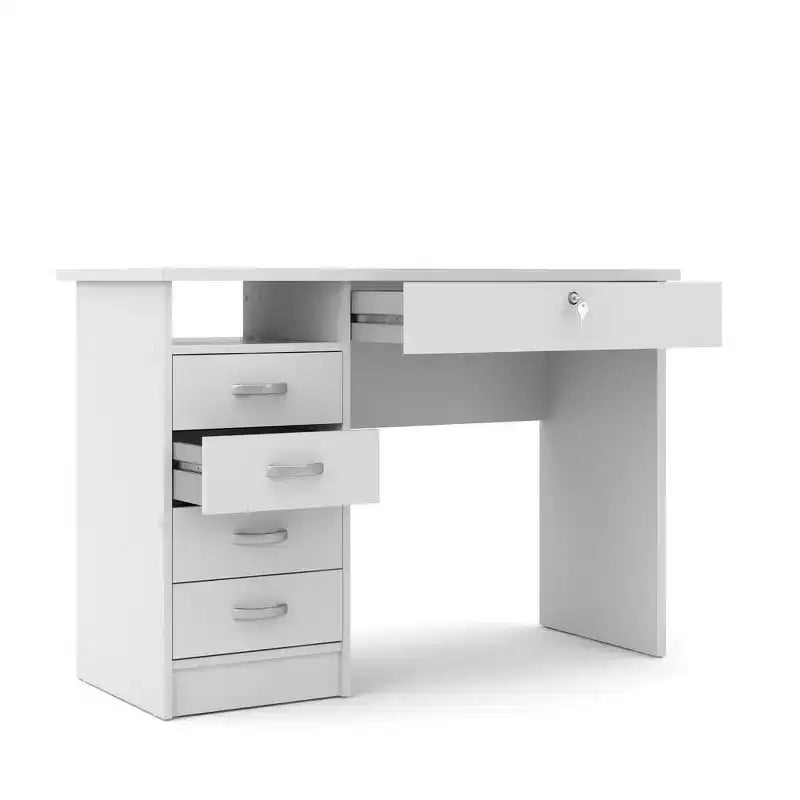 43" Desk with 5 Drawers, Lockable Large Drawer & Open Shelf, Stain-Resistant Foil Finish, White