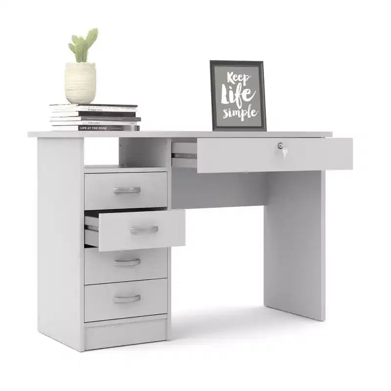 43" Desk with 5 Drawers, Lockable Large Drawer & Open Shelf, Stain-Resistant Foil Finish, White