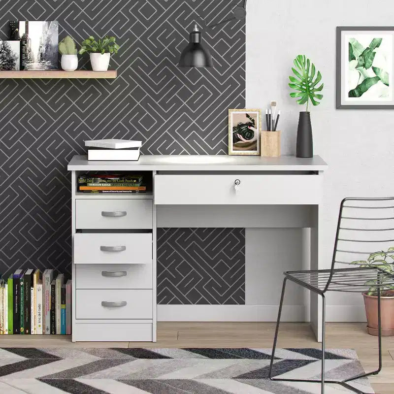 43" Desk with 5 Drawers, Lockable Large Drawer & Open Shelf, Stain-Resistant Foil Finish, White