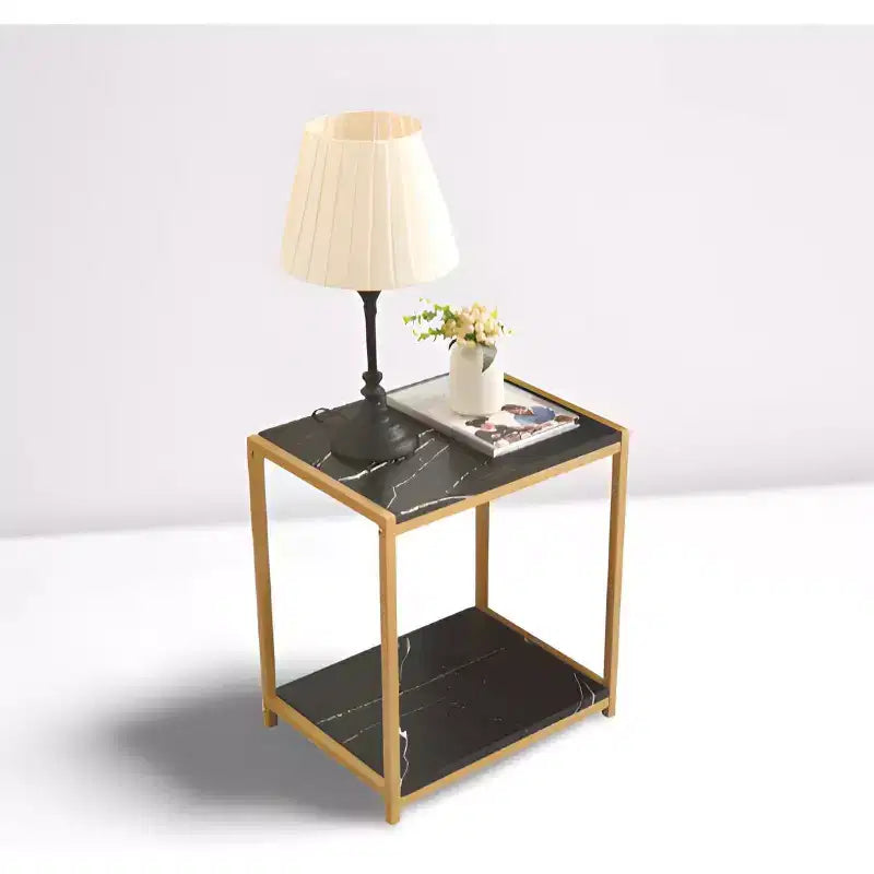 2-Tier Faux Marble & Gold Metal Frame Side End Table, Nightstand & Accent Table