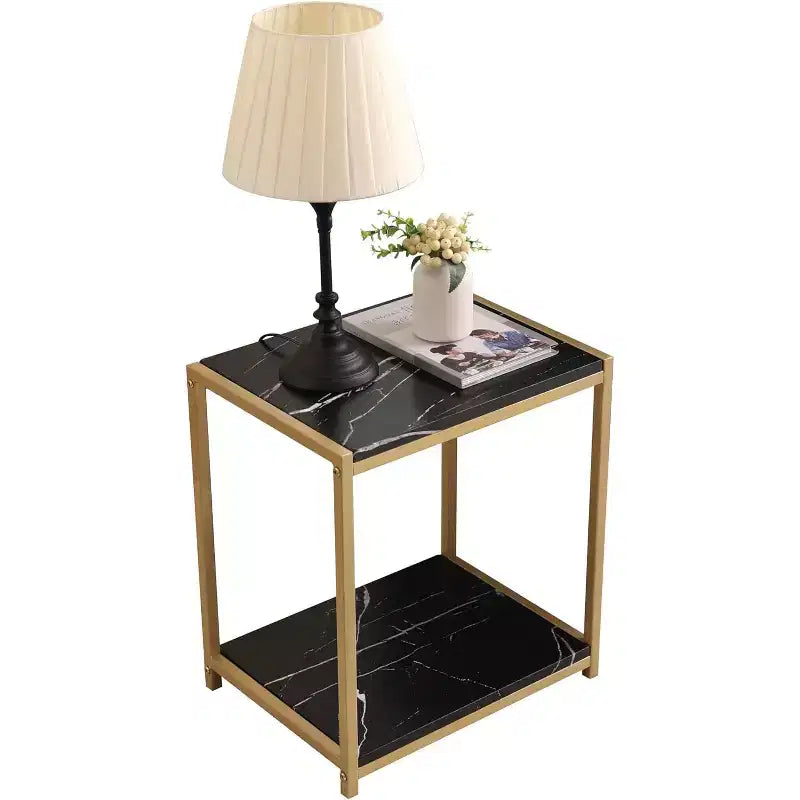2-Tier Faux Marble & Gold Metal Frame Side End Table, Nightstand & Accent Table