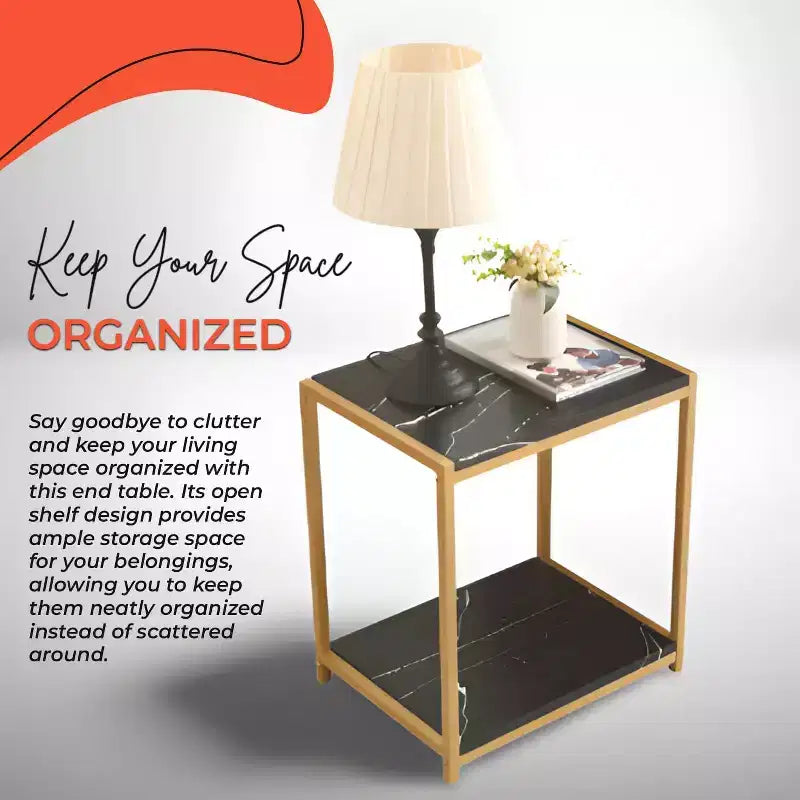 2-Tier Faux Marble & Gold Metal Frame Side End Table, Nightstand & Accent Table
