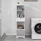 Mobile da bagno alto 140 cm con cesto portabiancheria a scomparsa e 2 ripiani, bianco