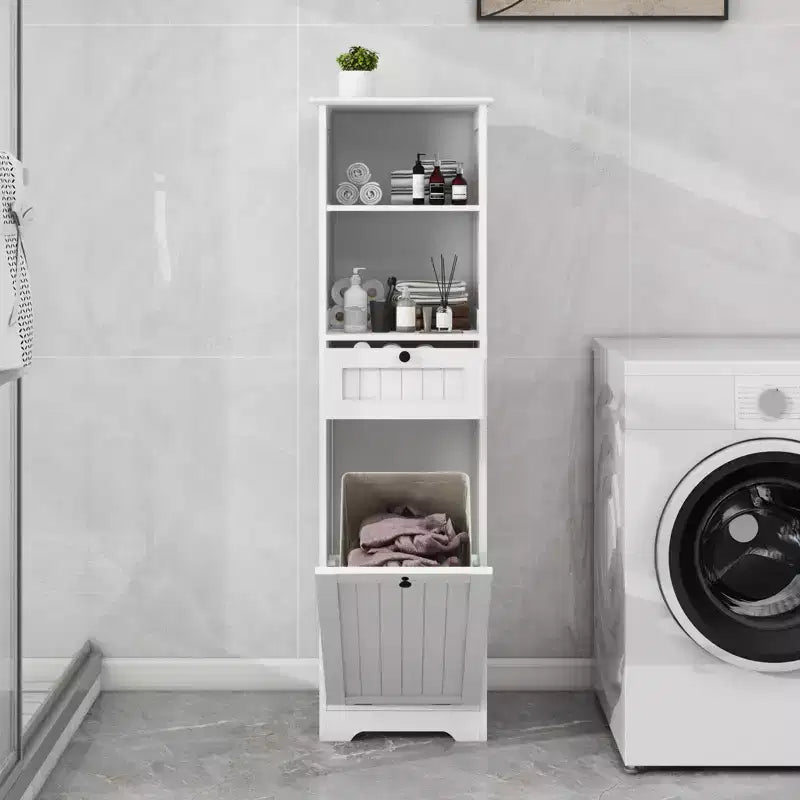 55" Tall Bathroom Storage Cabinet with Hidden Tilt-Out Laundry Hamper & 2 Shelves, White
