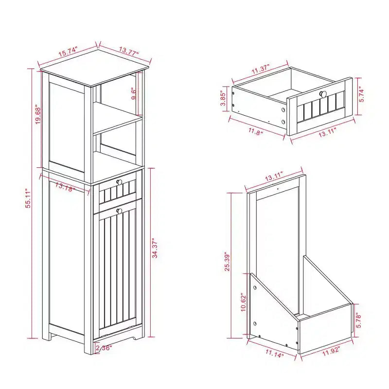 55" Tall Bathroom Storage Cabinet with Hidden Tilt-Out Laundry Hamper & 2 Shelves, White