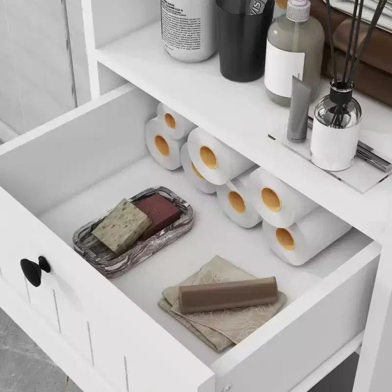 55" Tall Bathroom Storage Cabinet with Hidden Tilt-Out Laundry Hamper & 2 Shelves, White