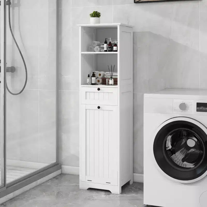 55" Tall Bathroom Storage Cabinet with Hidden Tilt-Out Laundry Hamper & 2 Shelves, White