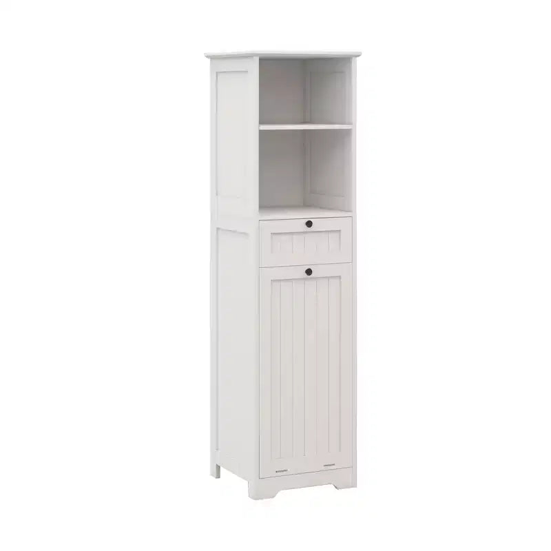 Mobile da bagno alto 140 cm con cesto portabiancheria a scomparsa e 2 ripiani, bianco