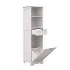 Mobile da bagno alto 140 cm con cesto portabiancheria a scomparsa e 2 ripiani, bianco