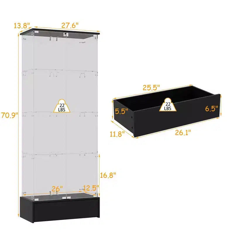 Vetrina espositiva/Libreria/Curio moderna 1 cassetto 2 ante in vetro nero, 4 ripiani, 180 cm