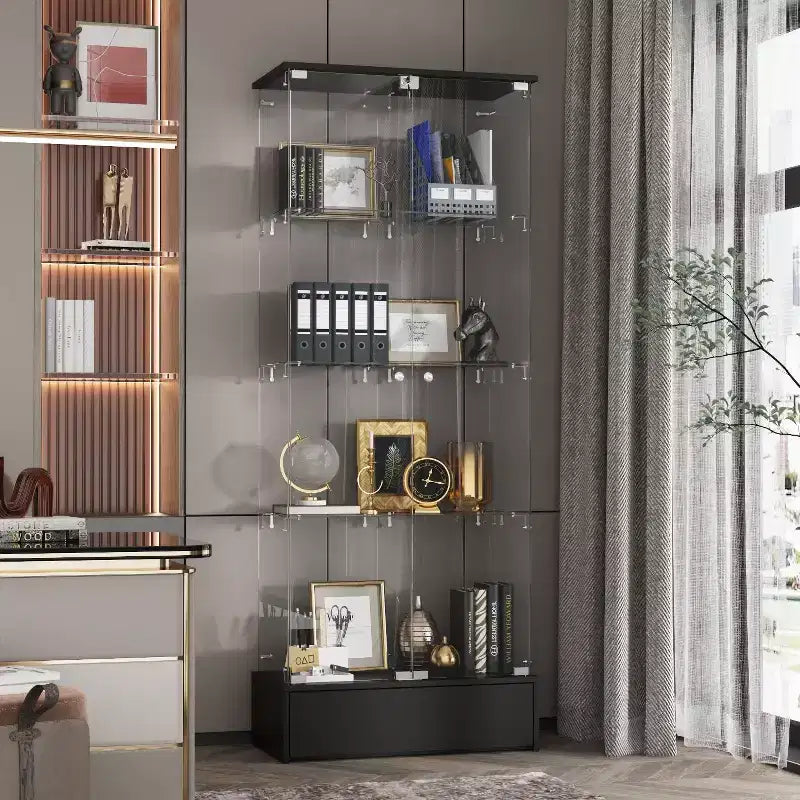 70.9" Black Glass 2-Door 1-Drawer Display Cabinet Bookshelf Curio, 4 Shelves, Modern