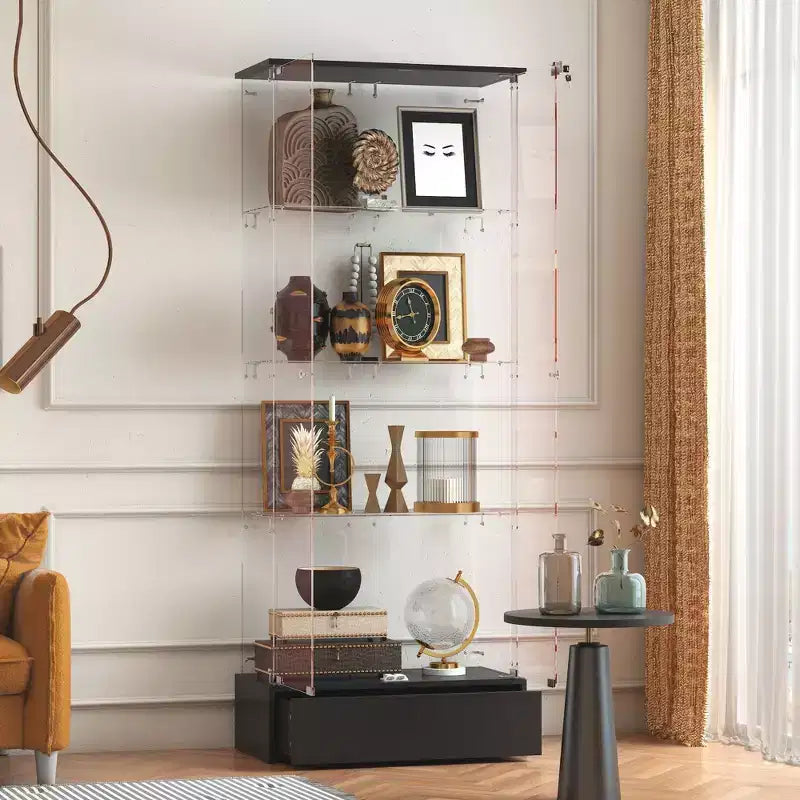 70.9" Black Glass 2-Door 1-Drawer Display Cabinet Bookshelf Curio, 4 Shelves, Modern