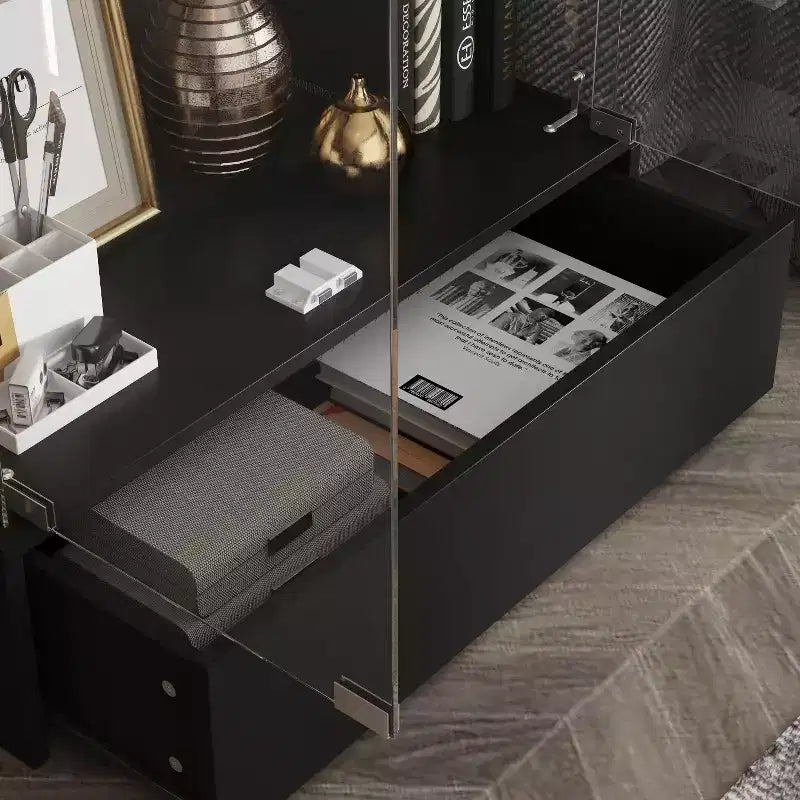 70.9" Black Glass 2-Door 1-Drawer Display Cabinet Bookshelf Curio, 4 Shelves, Modern