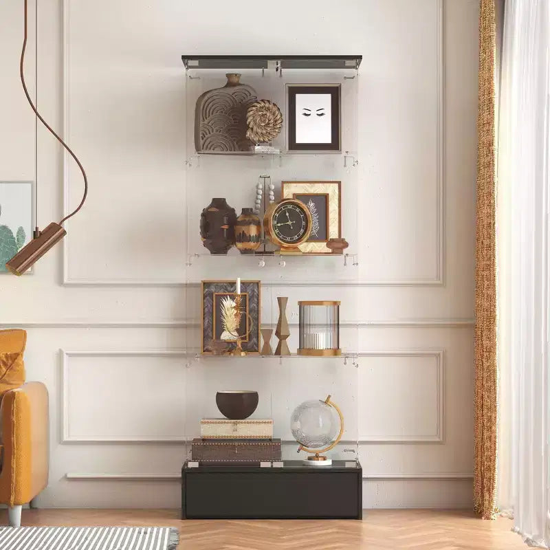 Vetrina espositiva/Libreria/Curio moderna 1 cassetto 2 ante in vetro nero, 4 ripiani, 180 cm