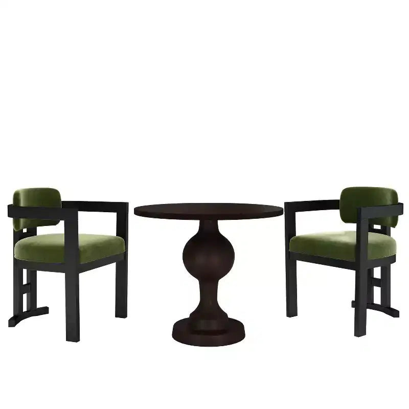 3-Piece Round Dining Set, 2 Upholstered Arm Chairs & Aluminum Pedestal Table, Birch Wood Legs, Seats 2
