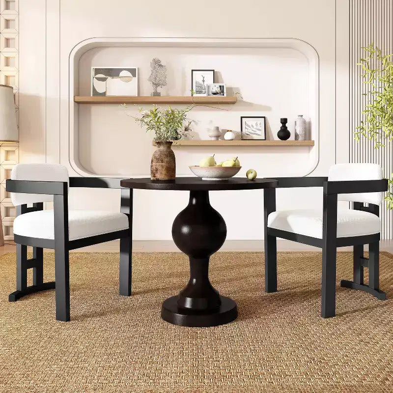3-Piece Round Dining Set, 2 Upholstered Arm Chairs & Aluminum Pedestal Table, Birch Wood Legs, Seats 2