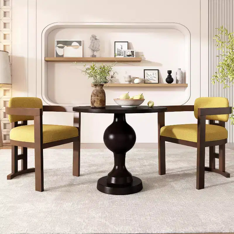 3-Piece Round Dining Set, 2 Upholstered Arm Chairs & Aluminum Pedestal Table, Birch Wood Legs, Seats 2