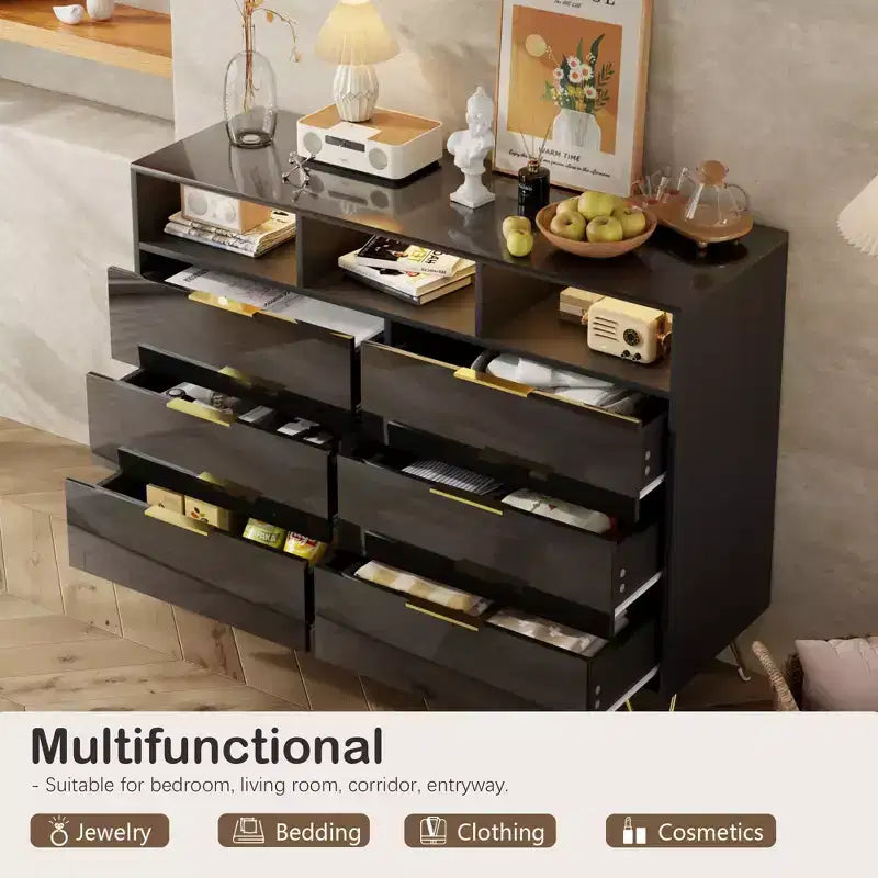 6 Drawer Dresser with Led Lights, Modern Dresser with 3 Open Shelves for Bedroom
