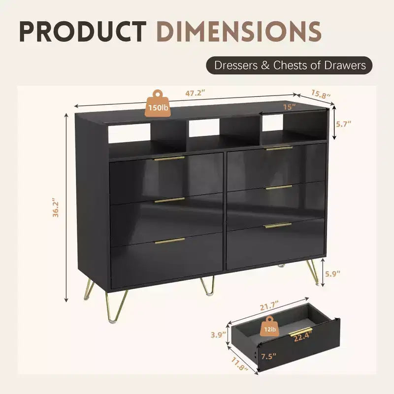 6 Drawer Dresser with Led Lights, Modern Dresser with 3 Open Shelves for Bedroom