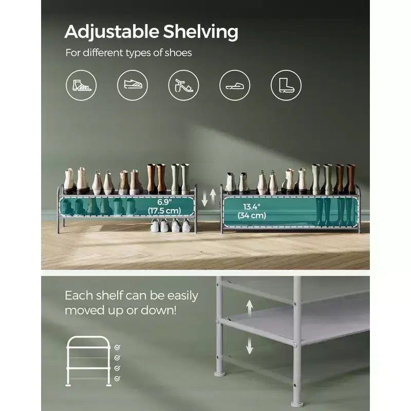 2-Tier Height-Adjustable Fabric Shoe Rack with Side Hooks, Holds 12 Pairs, No Tools Needed