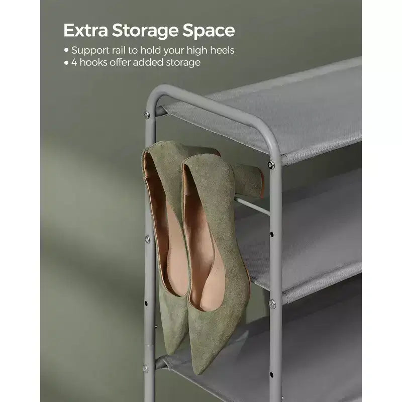 2-Tier Height-Adjustable Fabric Shoe Rack with Side Hooks, Holds 12 Pairs, No Tools Needed
